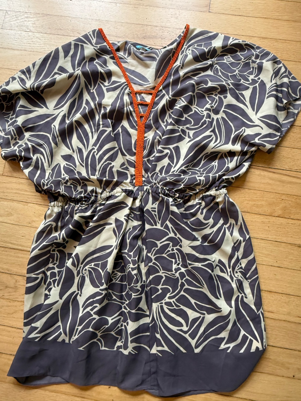 ANTHROPOLOGIE LIEF Notes Boho Orange beaded Floral Print mini dress size 14 EUC